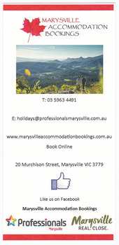 An information flyer regarding finding and booking accommodation in and around Marysville produced by the local real estate agency.