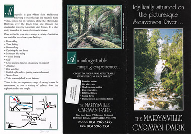 An information brochure regarding accommodation and facilities available at the Marysville Caravan Park.