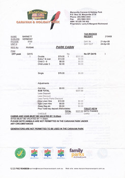 A series of documents including a receipt for a deposit paid for a park cabin at the Marysville Caravan & Holiday Park that was issued in 2008.