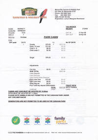 A series of documents including a receipt for a deposit paid for a park cabin at the Marysville Caravan & Holiday Park that was issued in 2008.