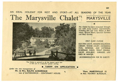 An advertisement for The Marysville Chalet guest house in Marysville taken from a Broadbent's accommodation guide.