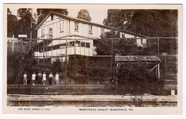 A black and white postcard of Marysville Chalet that was produced by the Rose Stereograph Company as a souvenir of Marysville.