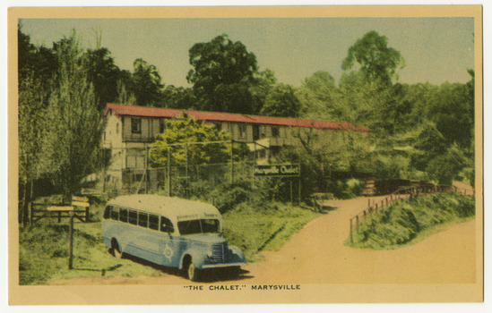 A colour postcard of The Chalet in Marysville that was produced by Nucolorvue Productions as a souvenir of Marysville.