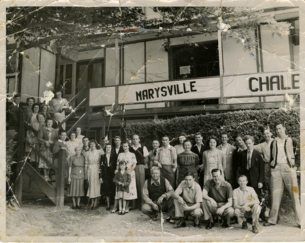 A black and white photograph of an unknown group of people at The Marysville Chalet.