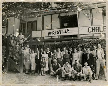 A black and white photograph of an unknown group of people at The Marysville Chalet.