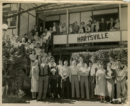 A black and white photograph of the Hampton Scouts (Hampton Rovers Under 19) trip away staying at The Marysville Chalet 1949/50.