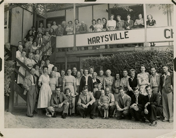 A black and white photograph of an unknown group of people at The Marysville Chalet taken in 1950.