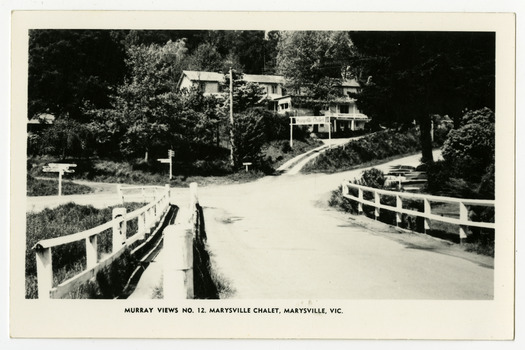 A black and white postcard of the Marysville Chalet that was produced by Murray Views as a souvenir of Marysville.