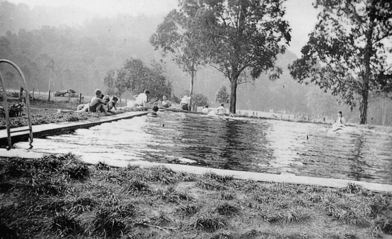 A digital copy of a black and white photograph of the swimming pool at Marysville House. Marysville House was built in the late 1920s by Arthur Dickinson.