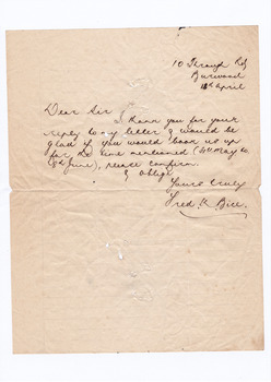 A digital copy of a letter requesting confirmation of dates for accommodation at Marysville House. Marysville House was built in the late 1920s by Arthur Dickinson.