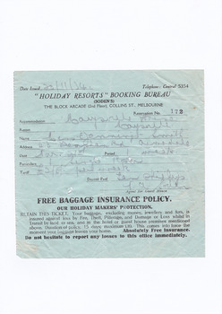 A digital copy of a receipt for a deposit paid for accommodation at Marysville House. The deposit was taken by Holiday Haunts Booking Service in Melbourne. Marysville House was built in the late 1920s by Arthur Dickinson.