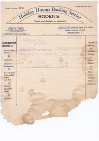 A digital copy of an account from Holiday Haunts Booking Service to A.J. Dickinson, Esq. for deposits received in regard to accommodation bookings at Marysville House. Marysville House was built in the late 1920s by Arthur Dickinson.