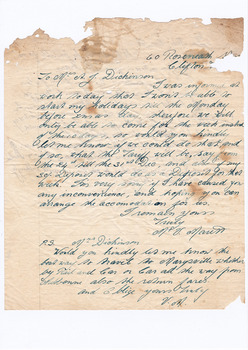 A digital copy of a hand written letter confirming the arrival date of guests to Marysville House, the tariff for staying at Marysville House, and the mode of transport available to Marysville House. Marysville House was built in the late 1920s by Arthur Dickinson.