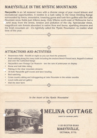 An information brochure regarding Melina Cottage in Marysville.