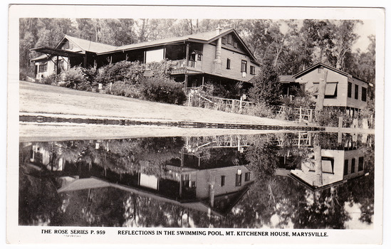 A black and white postcard of the pool at Mt. Kitchener House in Marysville that was produced by the Rose Stereograph Company as a souvenir of Marysville. There is a hand-written message on the reverse.