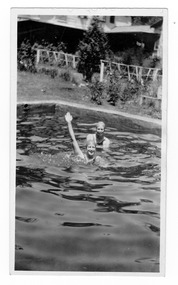 A digital copy of a black and white photograph of the swimming pool at Mount Kitchener House in Marysville.