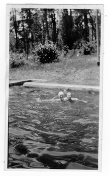 A digital copy of a black and white photograph of the swimming pool at Mount Kitchener House in Marysville.