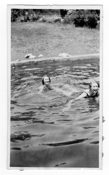 A digital copy of a black and white photograph of the swimming pool at Mount Kitchener House in Marysville.