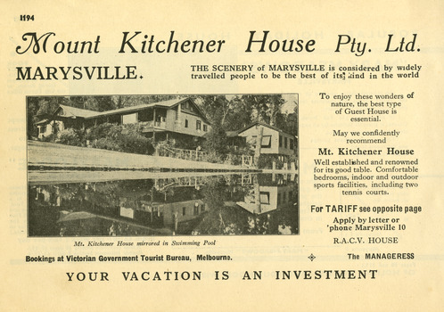 An advertisement for Mount Kitchener House in Marysville taken from a Broadbent's accommodation guide.