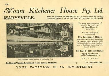 An advertisement for Mount Kitchener House in Marysville taken from a Broadbent's accommodation guide.