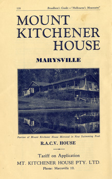 An advertisement for Mount Kitchener House in Marysville taken from a Broadbent's accommodation guide.