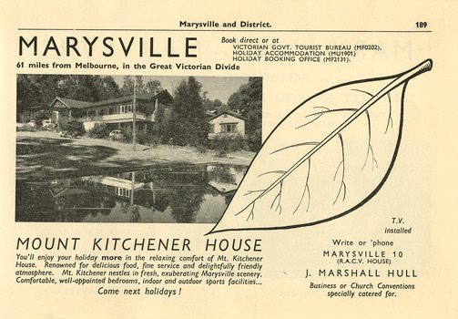 An advertisement for Mount Kitchener House in Marysville taken from a Broadbent's accommodation guide.