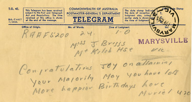 A telegram that was sent to a Miss J. Briggs c/of Mt. Kitchener House in Marysville on the occasion of her birthday. The telegram was sent via the St. Kilda Rail office on 19th February, 1945, and was from someone named Muriel.