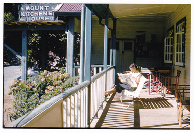 A colour photograph of the verandah of Mount Kitchener House taken in April 1960.