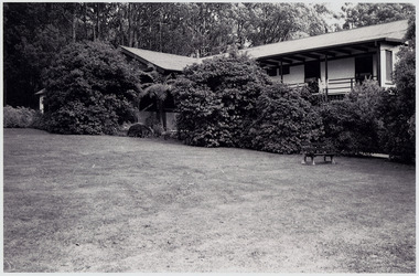 A black and white photograph of Mountain Lodge in Marysville that was taken in 1990.