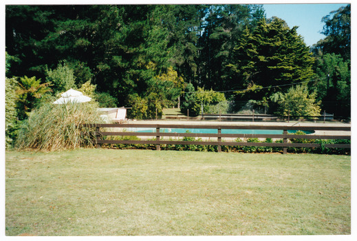 A colour photograph of the swimming pool at Mountain Lodge taken by a member of the Glenroy Probus Group during their stay at Mountain Lodge in Marysville. The photograph was taken in November, 2002.