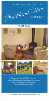 An information flyer regarding the accommodation and facilities available at Strickland Views Cottage in Narbethong.