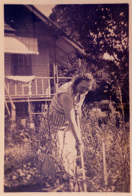 A copy of a black and white photograph of Muriel Darmody gardening at The Marysville Hotel. Muriel and Jim Darmody owned The Marysville Hotel in the 1950s.