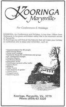 An information flyer regarding accommodation and facilities available at Kooringa Conference Centre in Marysville.