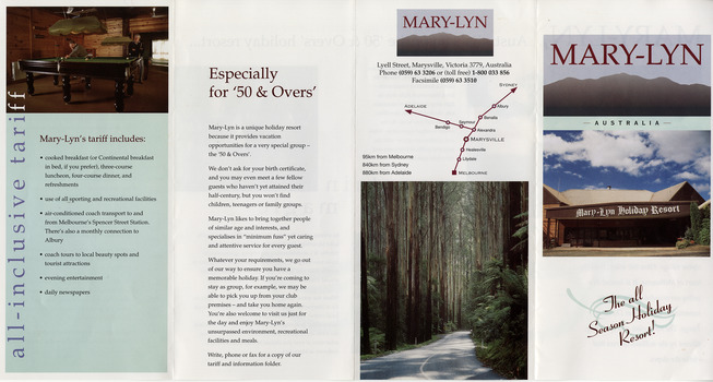 A brochure outlining the accommodation and facilities available to guests staying at Mary-Lyn Holiday Resort in Marysville. Mary-Lyn was a part of the Mary Chain of guest houses built by Eric Dowdle during the Depression years.