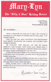 A flyer from Mary-Lyn "Fifty & Over" Holiday Resort. Mary-Lyn was a part of the Mary Chain of guest houses built by Eric Dowdle during the Depression years.