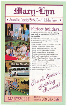 A magazine page advertising Mary-Lyn "Fifty & Over" Holiday Resort. Mary-Lyn was a part of the Mary Chain of guest houses built by Eric Dowdle during the Depression years.
