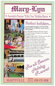 A magazine page advertising Mary-Lyn "Fifty & Over" Holiday Resort. Mary-Lyn was a part of the Mary Chain of guest houses built by Eric Dowdle during the Depression years.