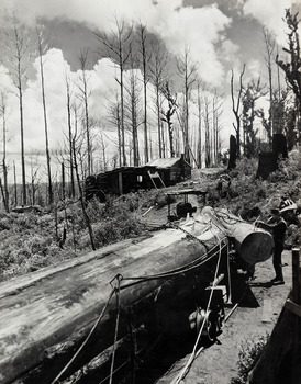 A digital copy of a black and white photograpg of a mill worker removing a log from of a timber jinker at the Andersons Mill near Marysville.