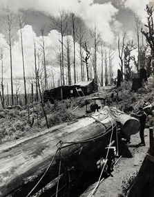 A digital copy of a black and white photograpg of a mill worker removing a log from of a timber jinker at the Andersons Mill near Marysville.