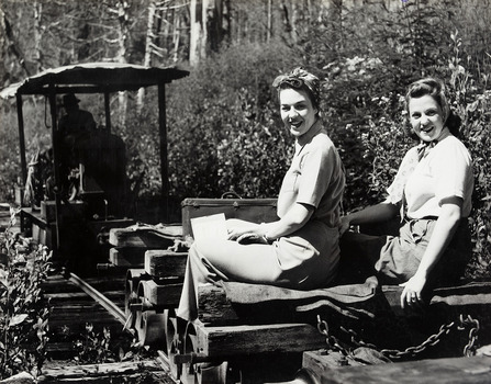 A digital copy of a black and white photograph of two ladies riding on a log which is travelling along a timber tramway near Marysville.