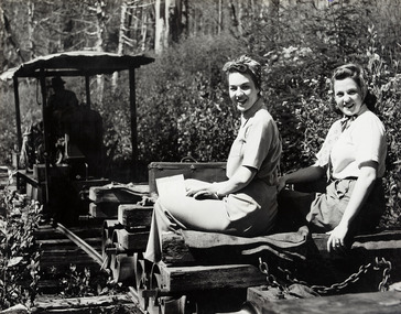 A digital copy of a black and white photograph of two ladies riding on a log which is travelling along a timber tramway near Marysville.