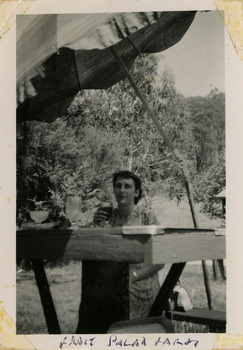 A black and white photograph of an unknown woman that was taken at the Fruit Salad Farm in Marysville. The photograph was taken in 1954 during a stay at Roseleigh in 1954.