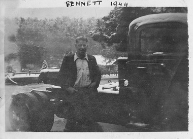 Two copies of digital photographs of "Spanker" Bennett and his McKenzie's Chevrolet truck in Marysville. The original photographs were taken in 1944 and 1946.
