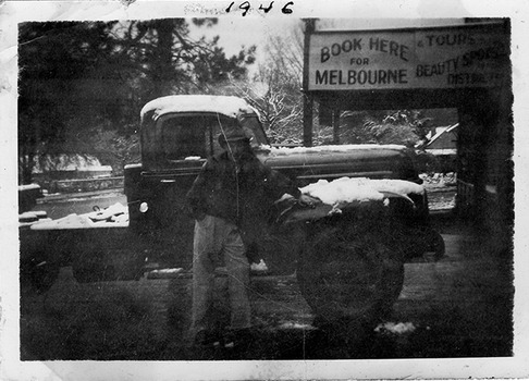 Two copies of digital photographs of "Spanker" Bennett and his McKenzie's Chevrolet truck in Marysville. The original photographs were taken in 1944 and 1946.