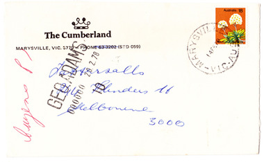 An envelope from The Cumberland guest house in Marysville. The envelope was sent to Tattersalls in Melbourne on 14th February 1978.