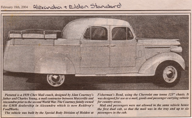 A newspaper article picturing a 1939 Chev Mail coach, designed by Alan Courtney's father and Charles Young, a mail contractor between Marysville and Alexandra prior to the second World War. The vehicle was built by the Special Body Division of Holden at Fisherman's Bend using the Chevrolet one tonne 123" chassis. It was designed for use as a mail, goods and passenger carrying vehicle for country areas and was used in the Marysville region.
