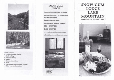 A black and white photocopy of an information brochure regarding accommodation at Snow Gum Lodge at Lake Mountain.