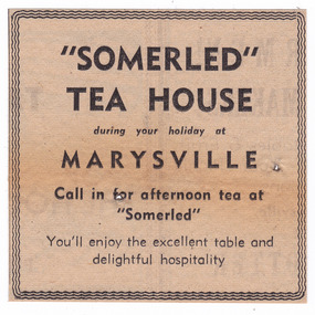 An advertisement for Somerled Tea House in Marysville.