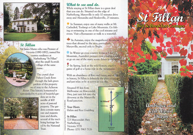 An information brochure regarding the accommodation and facilities available at St Fillan Bed and Breakfast Cottages in Narbethong.