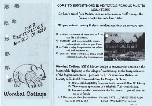 An information brochure regarding the accommodation and facillities available at Wombat Cottage in Narbethong.